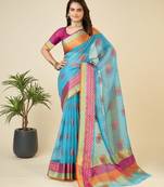 Sky blue woven self design kota doria kota doria saree with blouse