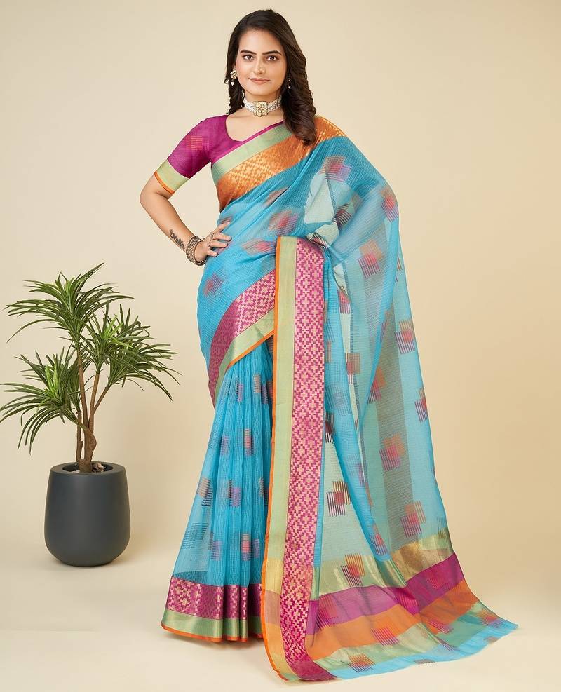 Sky blue woven self design kota doria kota doria saree with blouse