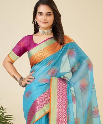 Sky blue woven self design kota doria kota doria saree with blouse 2