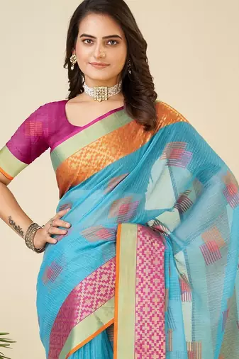 Sky blue woven self design kota doria kota doria saree with blouse