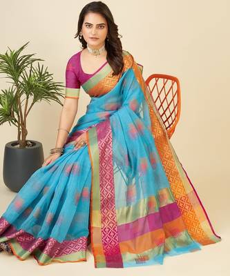 Sky blue woven self design kota doria kota doria saree with blouse 3