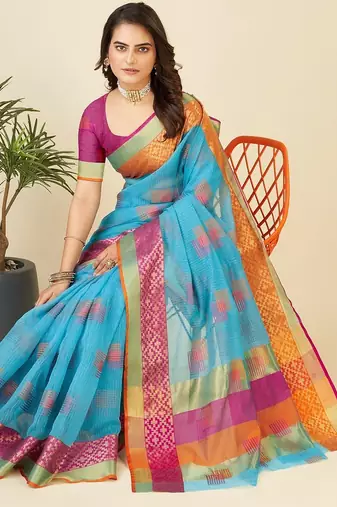 Sky blue woven self design kota doria kota doria saree with blouse