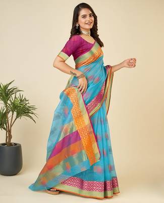 Sky blue woven self design kota doria kota doria saree with blouse 4