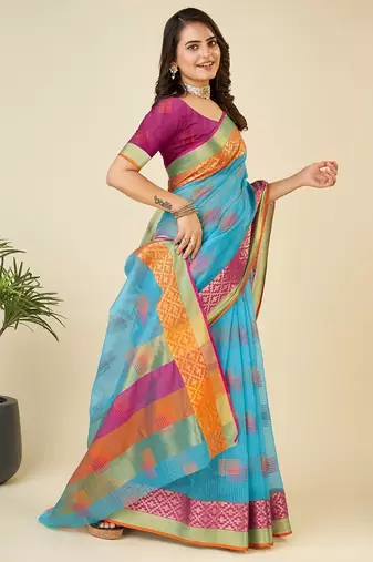 Sky blue woven self design kota doria kota doria saree with blouse