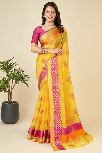 Yellow woven self design kota doria kota doria saree with blouse