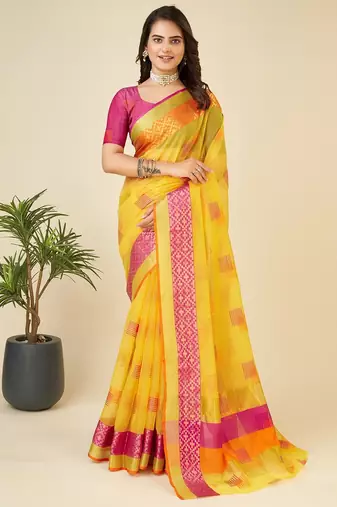 Yellow woven self design kota doria kota doria saree with blouse