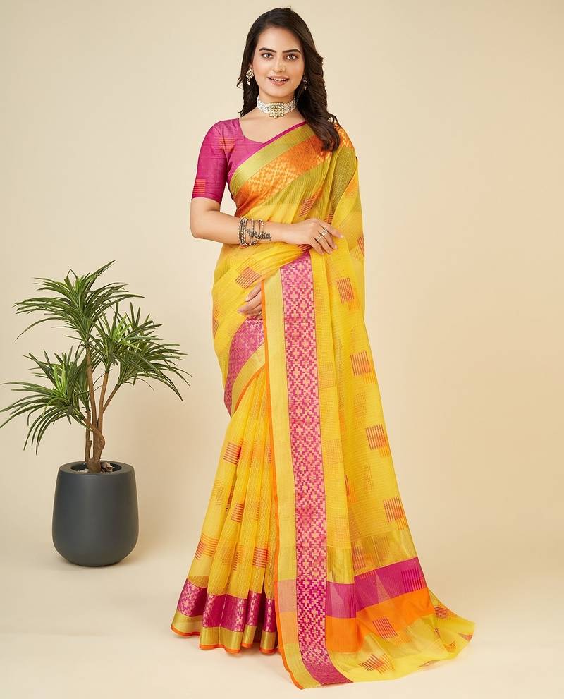 Yellow woven self design kota doria kota doria saree with blouse