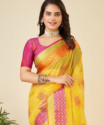 Yellow woven self design kota doria kota doria saree with blouse 2