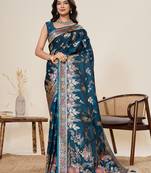 Blue floral print satin paithani saree with blouse