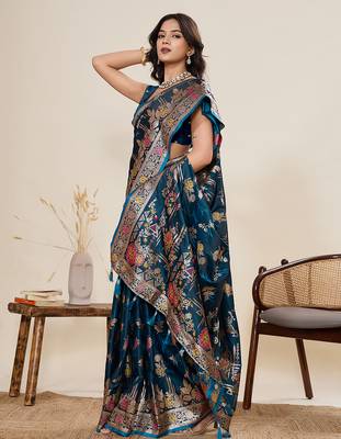 Blue floral print satin paithani saree with blouse 2