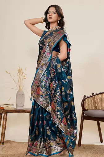 Blue floral print satin paithani saree with blouse