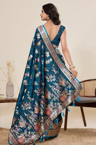 Blue floral print satin paithani saree with blouse