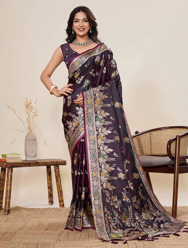 Dark purple floral print satin paithani saree with blouse