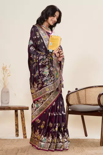 Dark purple floral print satin paithani saree with blouse