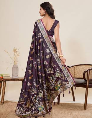 Dark purple floral print satin paithani saree with blouse 4