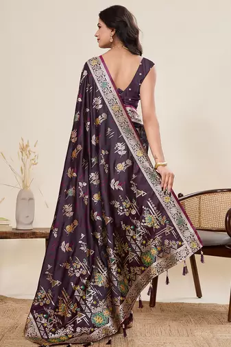 Dark purple floral print satin paithani saree with blouse