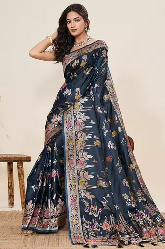 Navy blue floral print satin paithani saree with blouse