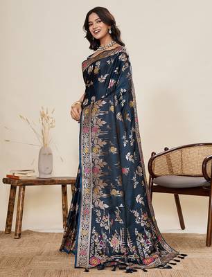 Navy blue floral print satin paithani saree with blouse 3