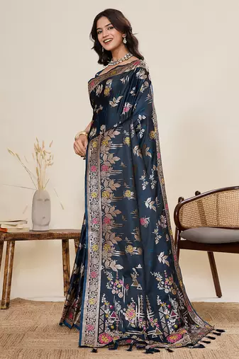 Navy blue floral print satin paithani saree with blouse