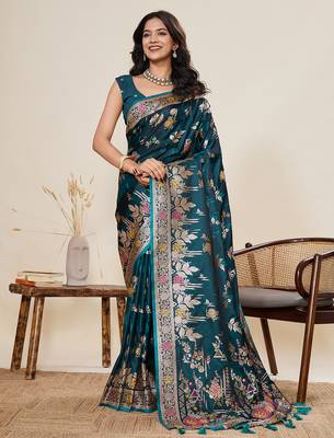 Teal blue floral print satin paithani saree with blouse 1