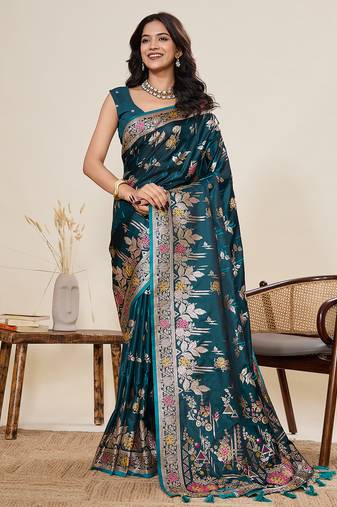 Teal blue floral print satin paithani saree with blouse