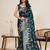 Teal blue floral print satin paithani saree with blouse