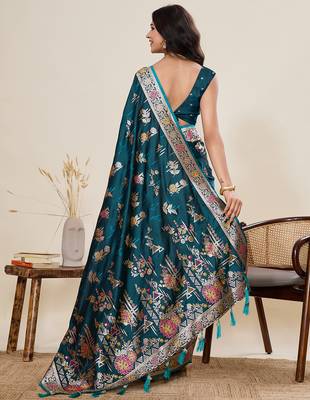 Teal blue floral print satin paithani saree with blouse 4