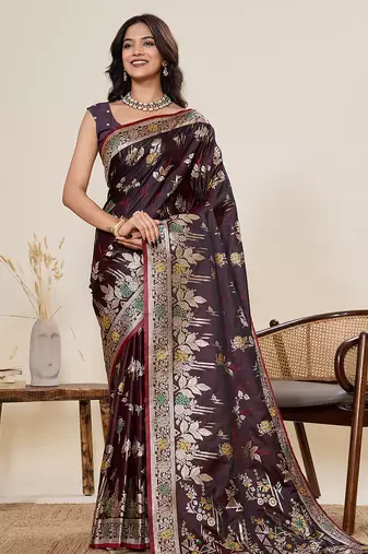 Wine floral print satin paithani saree with blouse