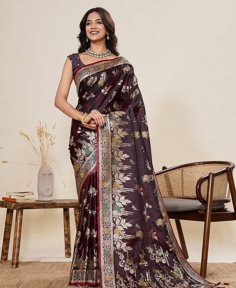 Wine floral print satin paithani saree with blouse