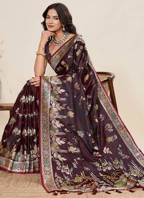 Wine floral print satin paithani saree with blouse 2