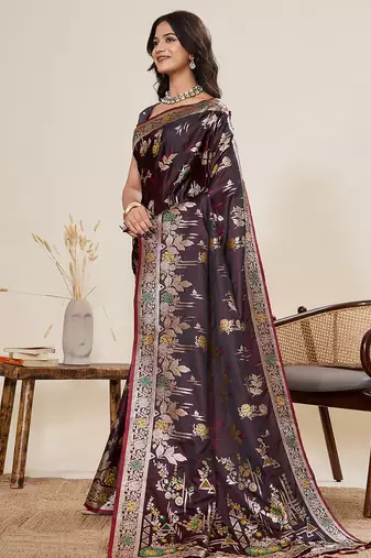 Wine floral print satin paithani saree with blouse