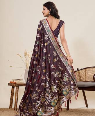 Wine floral print satin paithani saree with blouse 4