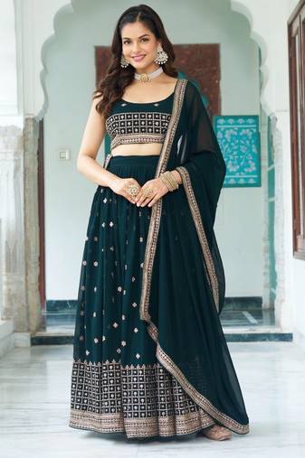 Deep Green Embroidery With Multi Thread & Sequence Fox Georgette Lehanga Choli SetWork 