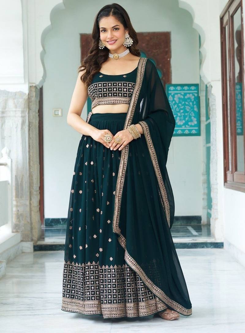 Deep Green Embroidery With Multi Thread & Sequence Fox Georgette Lehanga Choli SetWork 