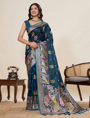 Blue floral print woven satin paithani saree with blouse 1