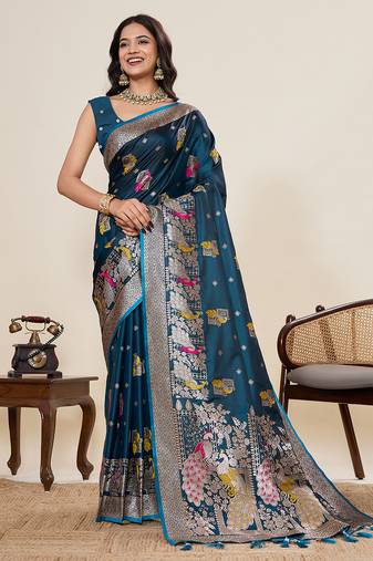 Blue floral print woven satin paithani saree with blouse