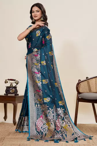Blue floral print woven satin paithani saree with blouse