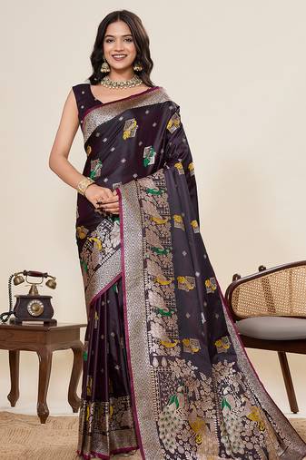Dark purple floral print woven satin paithani saree with blouse