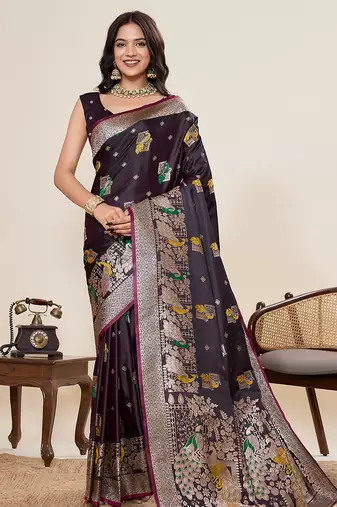 Dark purple floral print woven satin paithani saree with blouse
