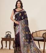 Dark purple floral print woven satin paithani saree with blouse