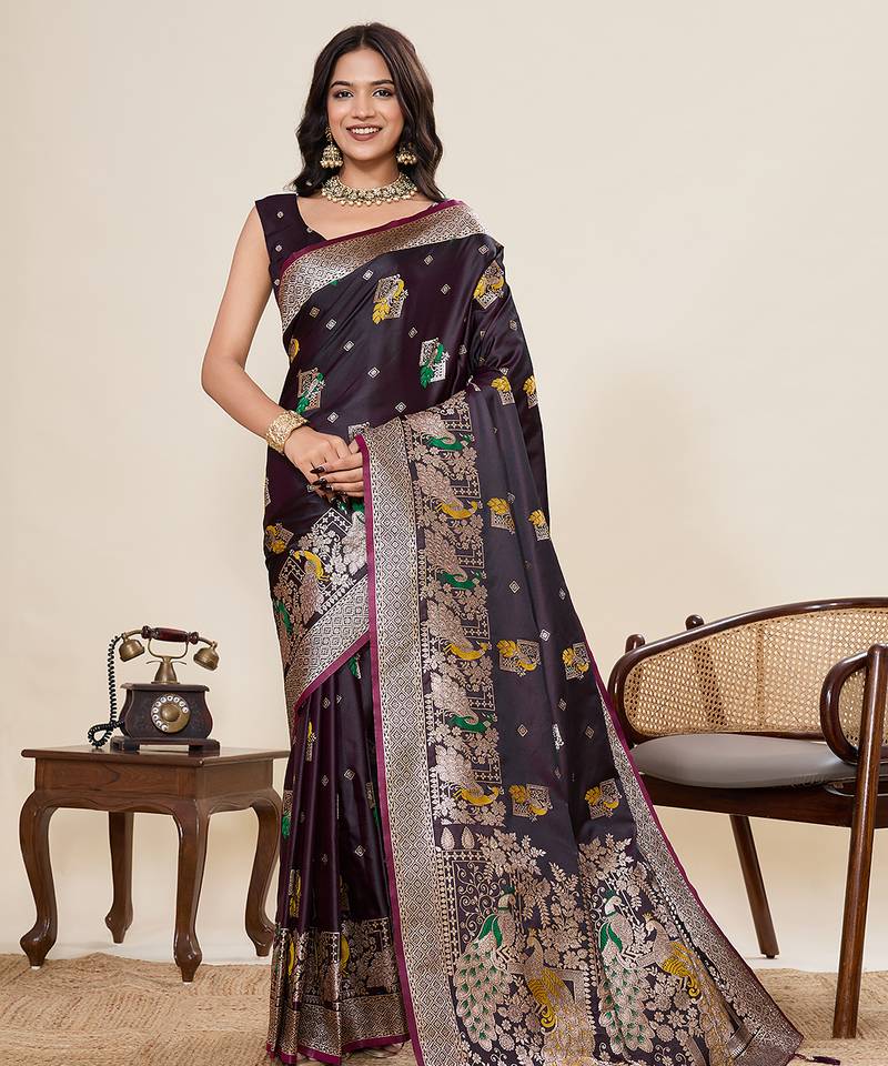 Dark purple floral print woven satin paithani saree with blouse