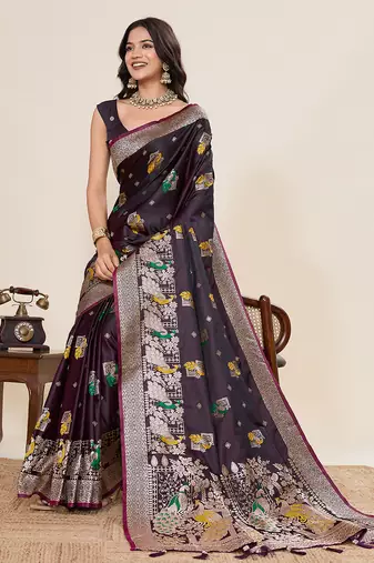 Dark purple floral print woven satin paithani saree with blouse