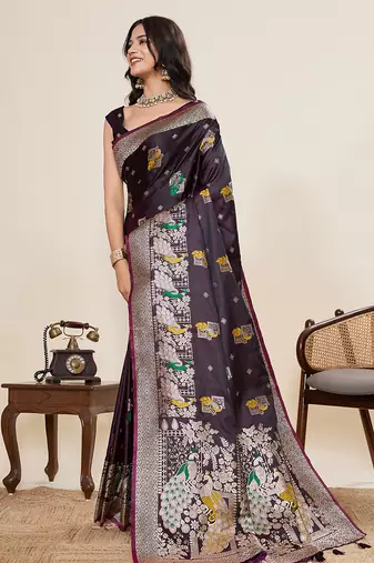 Dark purple floral print woven satin paithani saree with blouse
