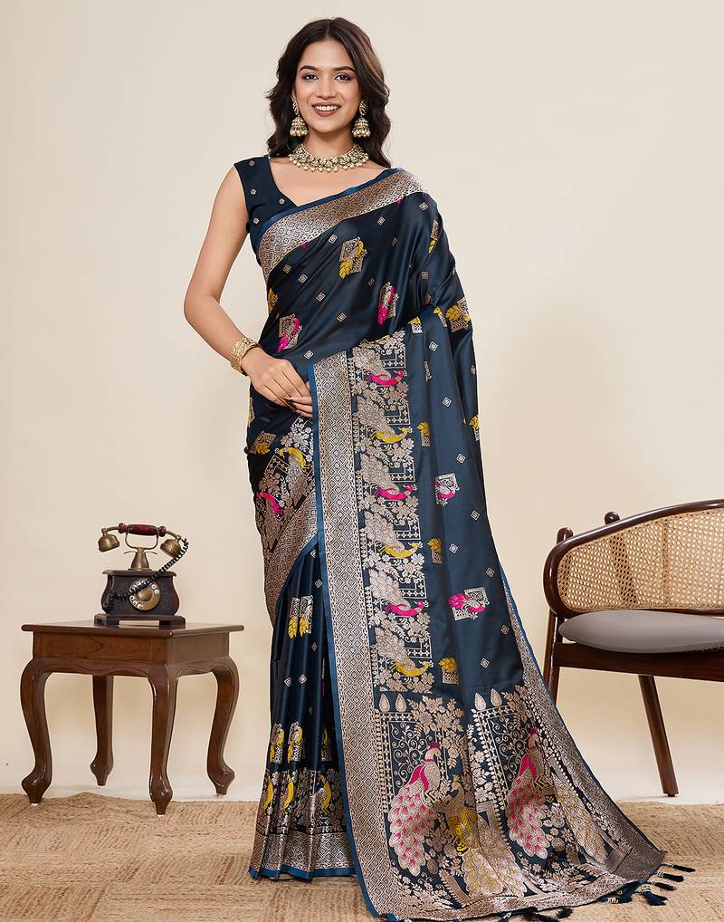 Navy blue floral print woven satin paithani saree with blouse