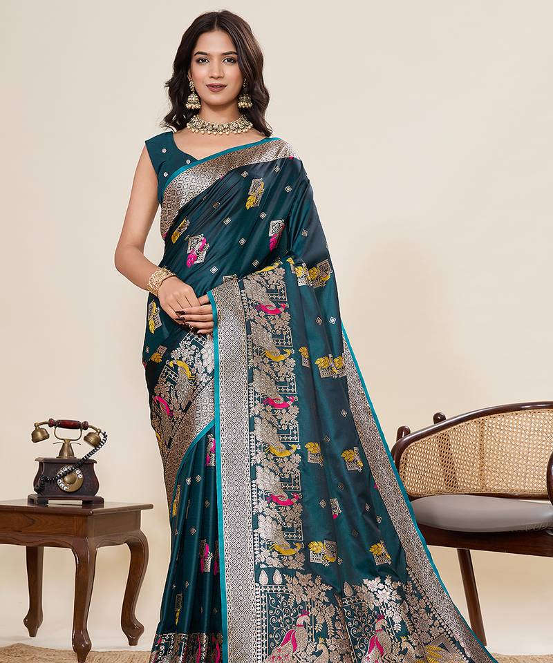Teal blue floral print woven satin paithani saree with blouse