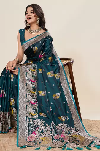 Teal blue floral print woven satin paithani saree with blouse