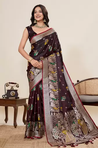 Wine floral print woven satin paithani saree with blouse