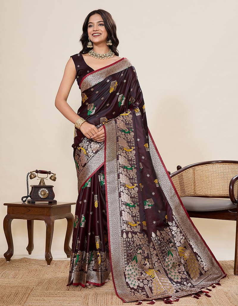 Wine floral print woven satin paithani saree with blouse