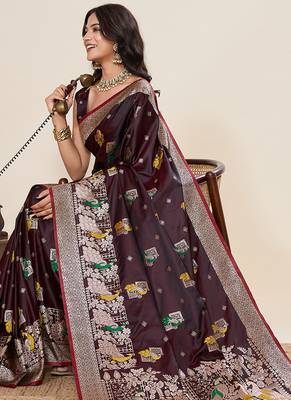 Wine floral print woven satin paithani saree with blouse 2