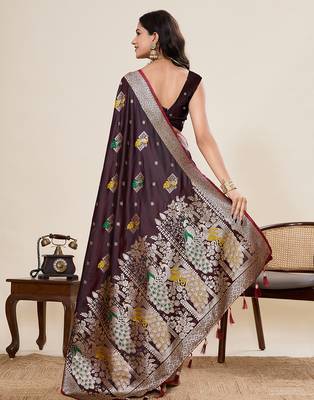 Wine floral print woven satin paithani saree with blouse 4